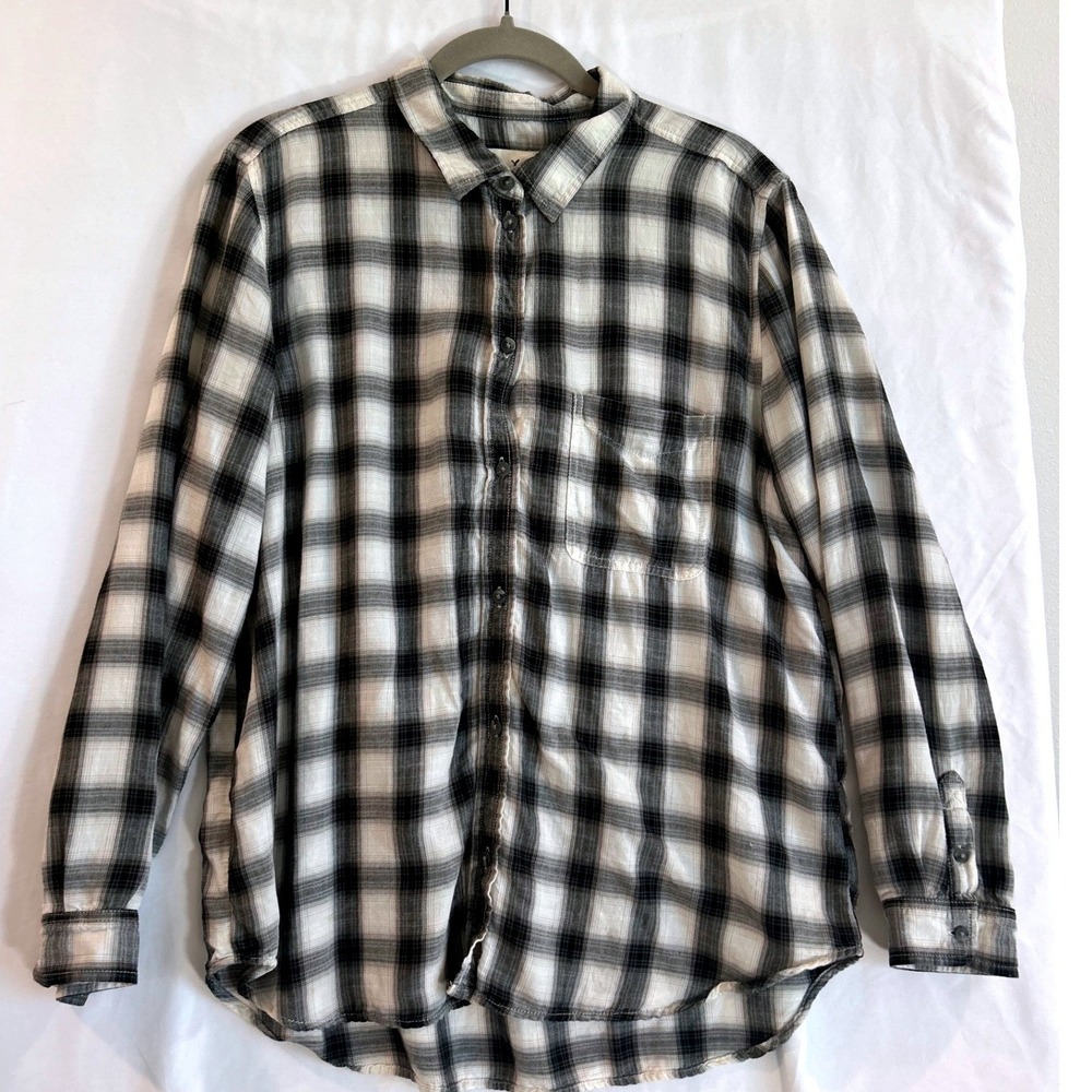 American Eagle Plaid Button Down Shirt Black White Boyfriend Fit XL Preppy